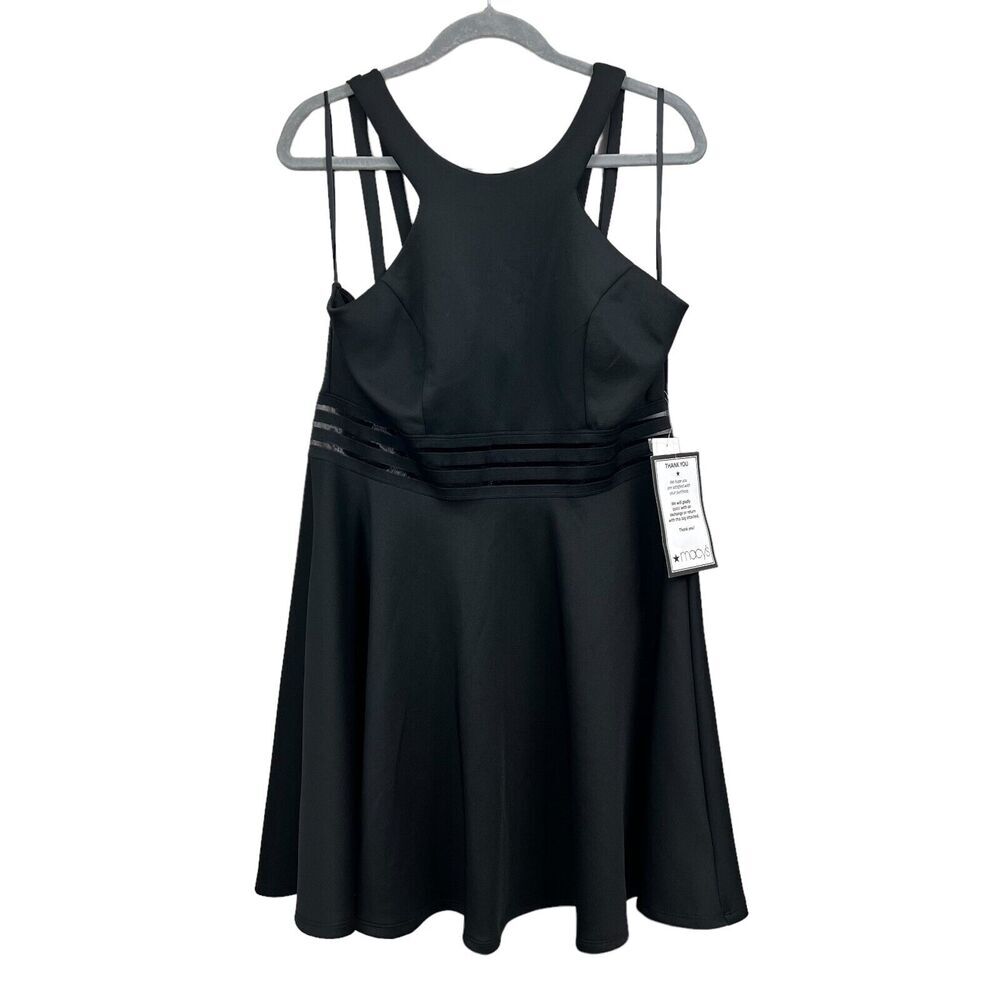 City Studio Womens Halter Dress Flare Skirt See Through Trim Waist Black Sz 15*